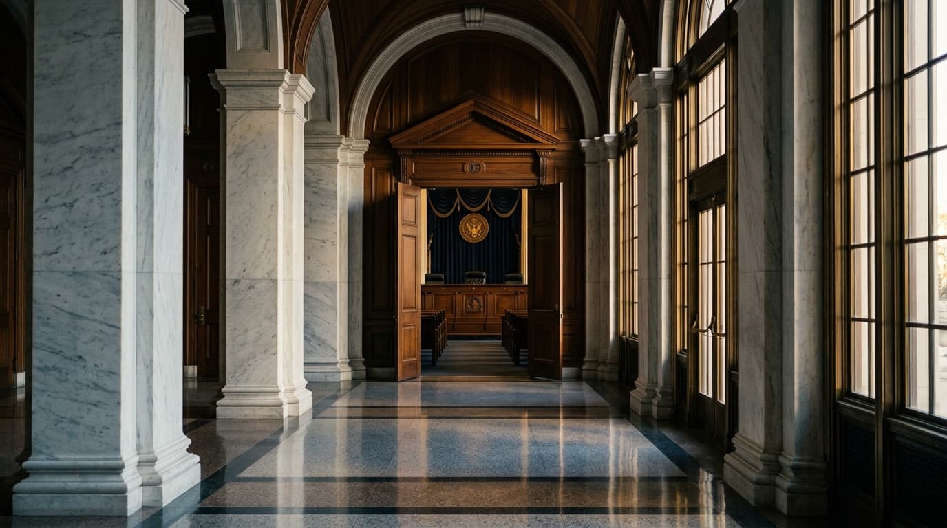 Federal courthouse interior with marble columns and judicial bench — representing the pursuit of justice in terrorism wrongful death cases